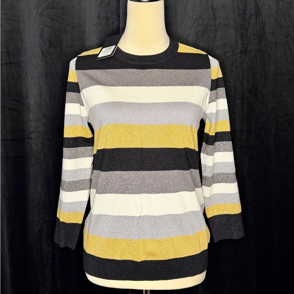 NWT Womens Halogen X Atlantic-Pacific Black Silver Metallic Striped Sweater